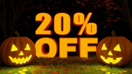 3d rendering of 3d lettering saying "20% off", with halloween pumpkins on the sides in a dark forest with orange leaves on the ground, autumn, halloween promotion 20% off.