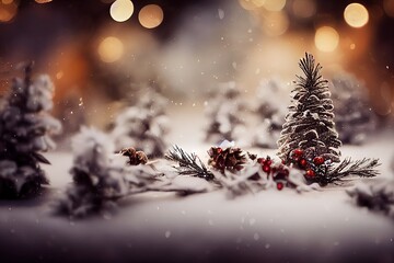 Obraz na płótnie Canvas christmas tree in snow miniature, snowy, ai generated illustration
