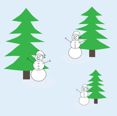 funny snowmen and Christmas trees on a blue background, festive New Year mood