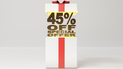 3d rendering of open gift box with yellow light coming out of it with black 3d lettering between the lid and the box saying "45% off special offer", with white background and empty space for text.