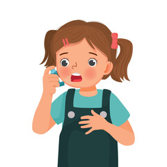 Cute little girl using asthma inhaler nasal spray bottle to treat allergy asthma attack and breathing treatment