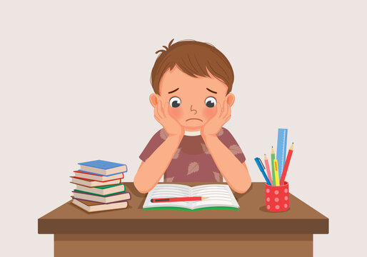 recommend clip art: cute little boy feeling stress tired and bored studying doing homework on the desk