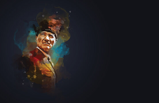 watercolor illustration of Atat&uuml;rk. First President of the Republic of Turkey