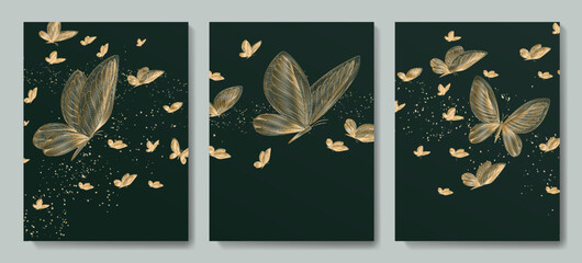 Luxury green abstract art background with butterflies in gold line art style. Animal hand drawn set for print, poster, wallpaper, decor, textile, packaging, interior design.