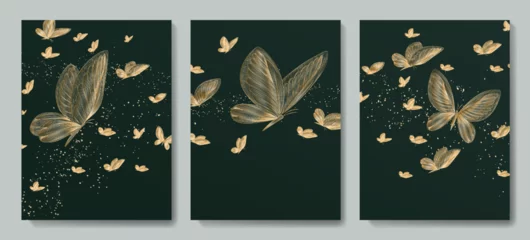 Keuken foto achterwand Grunge vlinders Luxe groene abstracte kunst achtergrond met vlinders in gouden lijn kunststijl. Dierlijke handgetekende set om af te drukken, poster, behang, decor, textiel, verpakking, interieur.