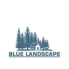 blue agriculture lanscape logo, silhouette of reat view a house in the jungle vector illusssttrations