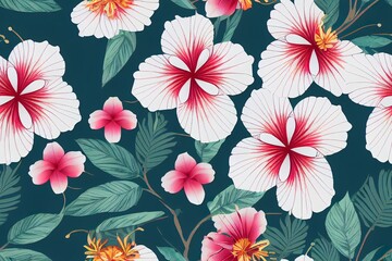 Hawaiian hibiscus and tribal element fabric patchwork abstract vintage 2d illustration seamless pattern