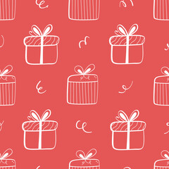 Holiday seamless pattern. Hand drawn doodle Christmas, New Year or Birthday gift boxes. Xmas background. New year wallpaper. Wrapping paper.