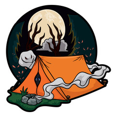 Spooky Camping Scene in the Forest, with Full-Moon and Ghosts , Vector Illustration