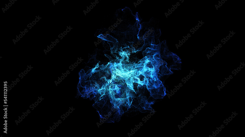 Wall mural blue energy plasma spread around center with 3d rendering simulation particle effect.
