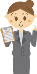 アンケートを持っている女性会社員・説明・案内・スーツ・仕事・イラスト