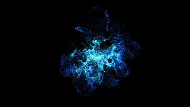 Blue energy plasma spread around center with 3d rendering simulation particle effect.