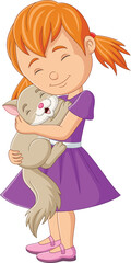 Cartoon little girl hugging her cat