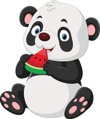 Cartoon funny panda eating watermelon