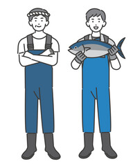 腕を組んだり、マグロを持つ漁師や水産業関係の男性のベクターイラスト素材／海鮮／水揚げ／第一次産業
