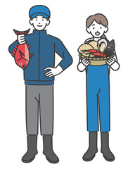 魚や貝やタイなどを持つ漁師や水産業関係の男女のベクターイラスト素材／海鮮／水揚げ／第一次産業