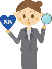 ハートの保険と虫眼鏡を持っている女性従業員のイラスト・保険外交員・営業・提案・発見・ルーペ