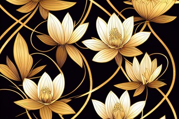 Golden lotus line arts on dark background, Luxury gold wallpaper design for prints, banner, fabric, poster, cover, digital arts 2d illustration illustration.