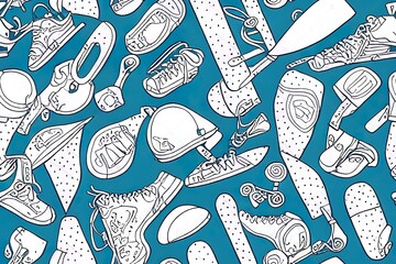 Obraz premium Hand drawn skateboarding elements seamless pattern. Skate background. Skateboarding doodle illustration. 2d illustration illustration. Seamless pattern with sunglasses, skateboard, hat etc.