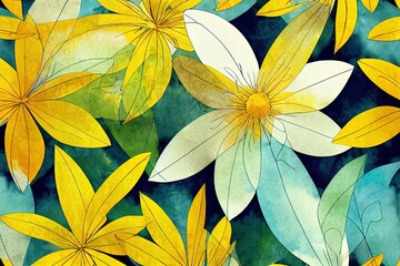 Yellow flower watercolor art background 2d illustration. Wallpaper design with floral paint brush line art. leaves and flowers nature design for cover, wall art, invitation, fabric, poster, canvas