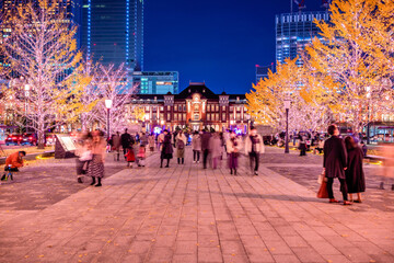 東京駅　銀杏並木とイルミネーションの夜景