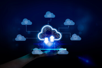 Cloud computing concept - Information technologist connect devices to cloud with cloud computing icon and tablet.