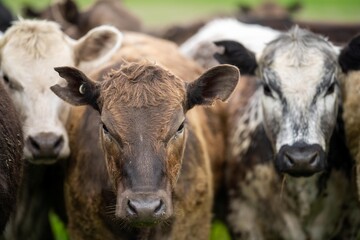 cows and cattle eating grass on a farm. grass fed beef grazing on pasture