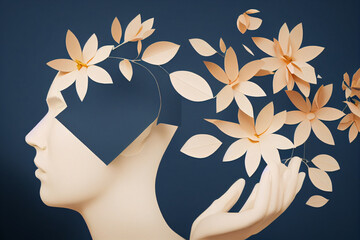 World mental health day concept. Paper human head symbol and flowers on blue background.mental...