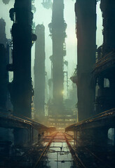Post apocalyptic cinematic dieselpunk metropolis, futuristic architecture, high density buildings, tunnels,trains, elevated bridges, people everywhere walking. AI Neural Network Computer Generated Art