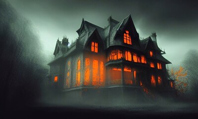 Spooky haunted house at creepy Halloween night 