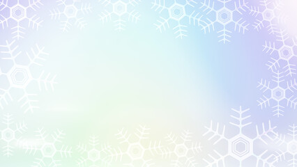 Fototapeta na wymiar カラフルな背景に白い雪の結晶のフレーム。背景素材。