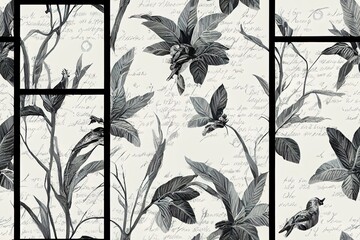 Seamless pattern Toile de Jouy with birds and plants. Light tropical wallpaper. Monochrome nature background. Provence vintage decoupage. Floral italian wallpaper. Old style design.