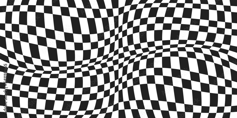 Fototapete Curly checkered pattern. Optical vector from 3D chessboard. The canvas is convex from chess cells.