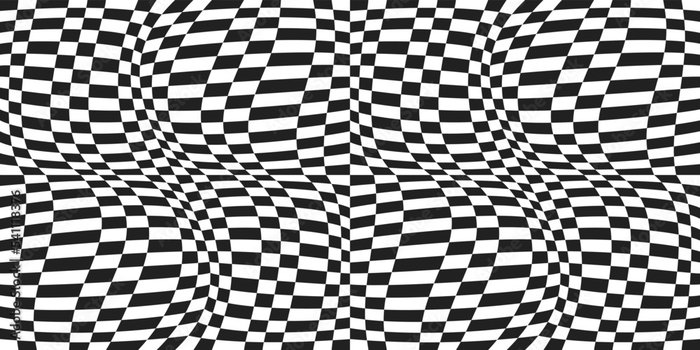 Aufkleber Very curly checkered pattern. Optical vector from 3D chessboard. The canvas is convex from black and white chess cells.