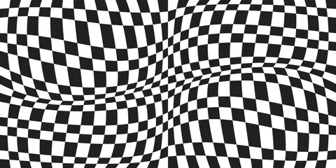 Curly checkered pattern. Optical vector from 3D chessboard. The canvas is convex from chess cells.