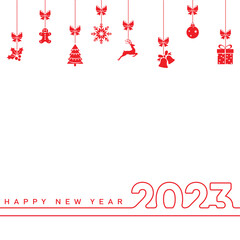 Obraz na płótnie Canvas Happy New Year and Merry Christmas card with hanging Xmas ornaments. Vector