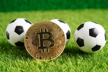 Gold bitcoin with soccer ball or football, cryptocurrency used in online sports betting.