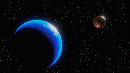 Fototapeta na wymiar A blue planet and the moon in deep space 3d rendering