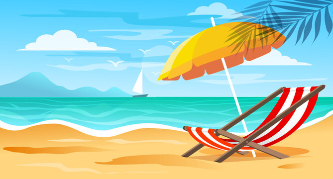 Vector flat style of nice sunny day seashore deck chair and beach umbrella on sandy shore