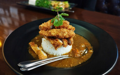 Tonkatsu Japanese Pork Cutlet Curry With Rice. Japanese Food. Potato Carrot Masala Curry.