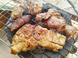 Grilled Pork Black Pepper Steak Grilled Smoked Pork Chops Barbecue. Charcoal Grilled Pork Camping dish.