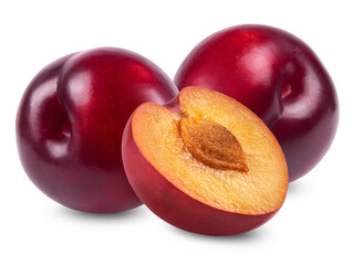 Plum isolated. Two ripe plums and half a plum on a white background. Fresh fruits.