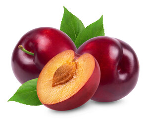 Plum isolated. Ripe red plums with leaves on a white background. Fresh fruits.