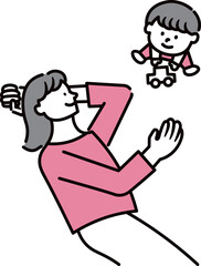 横になっている母親の隣で遊ぶ子供のイラスト素材