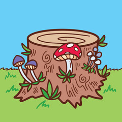 Illustration of overgrown stump wood on grass with various mushrooms attached on it. Flat cartoon art style drawing isolated.