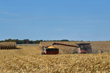 Combine harvesting corn and unloading to a grain wagon