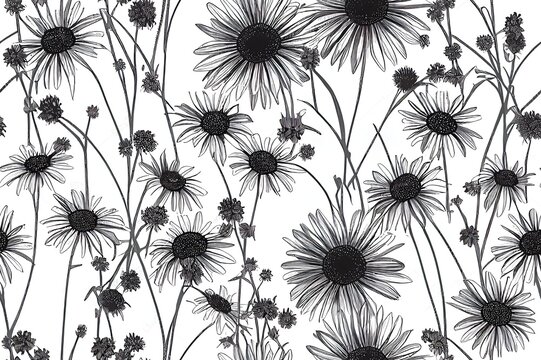 Set of simple floral seamless patterns. Silhouettes of small and large daisy flowers. Sketch flat manner. Botanical collage in modern trendy style. Summer meadow flowers collection. Line drawing.