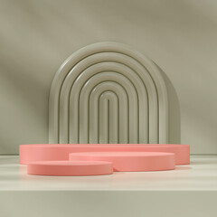 Obraz premium Bright pink podium in square with ebony green arch and wall 3D image render scene mockup 
