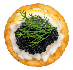 Black Caviar on egg white with Sour Cream and biscuit isolated on white background, Black caviar...