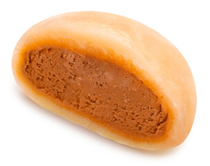 Orange Mochi dessert with custard cream isolated on white background, Mochi Japanese dessert on white background, with work path.